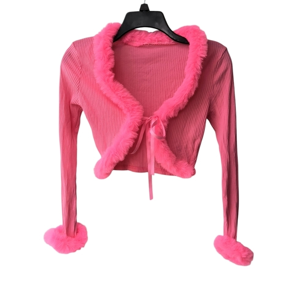 Chic Hot Neon Pink Ribbed Cropped Fuzzy Trim Barbie Cardigan S